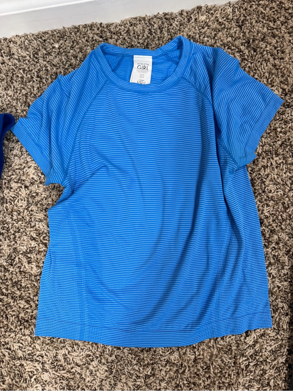 Athleta Bright Blue Micro-Stripe Performance Tee
